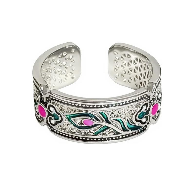 Ethnic Style Retro Enamel Phoenix Feather Open Ring Niche Design Key High-End Sense Stacking Wearing Index Finger Ring Woman