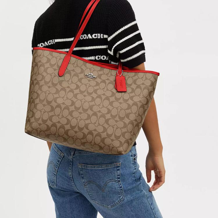 Coach City 33 Vintage Monogram Print Magnetic Closure Tote Bag Women tote bags Khaki Miami-Red 5696-SVUC3