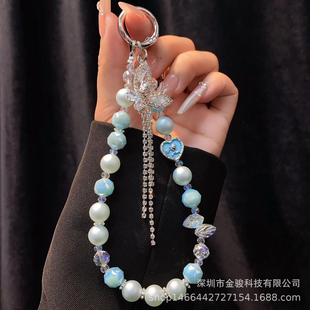 Crystal Phone Chain Cute Bunny Ears Rhinestone Tassel Hanging Chain Frosted Pearl Chain Rope Sweet Cool Phone Pendant Alloy