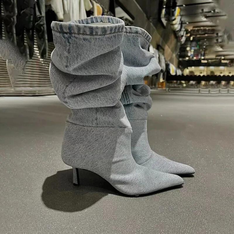High Heel Long Tube Over Knee Folded Booties Women's Boots Autumn Winter Fashionable Sharp Pointed Toe Skinny Heel Jeans Boots
