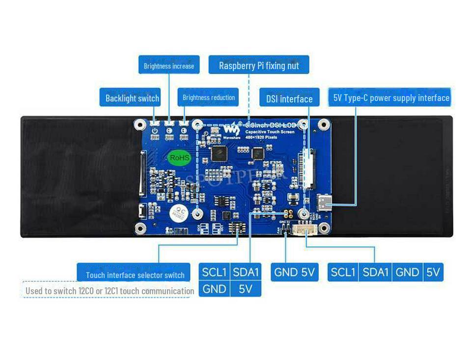 Dotykový LCD displej Raspberry Pi 8,8" MIPI DSI, rozlišení 480x1920.