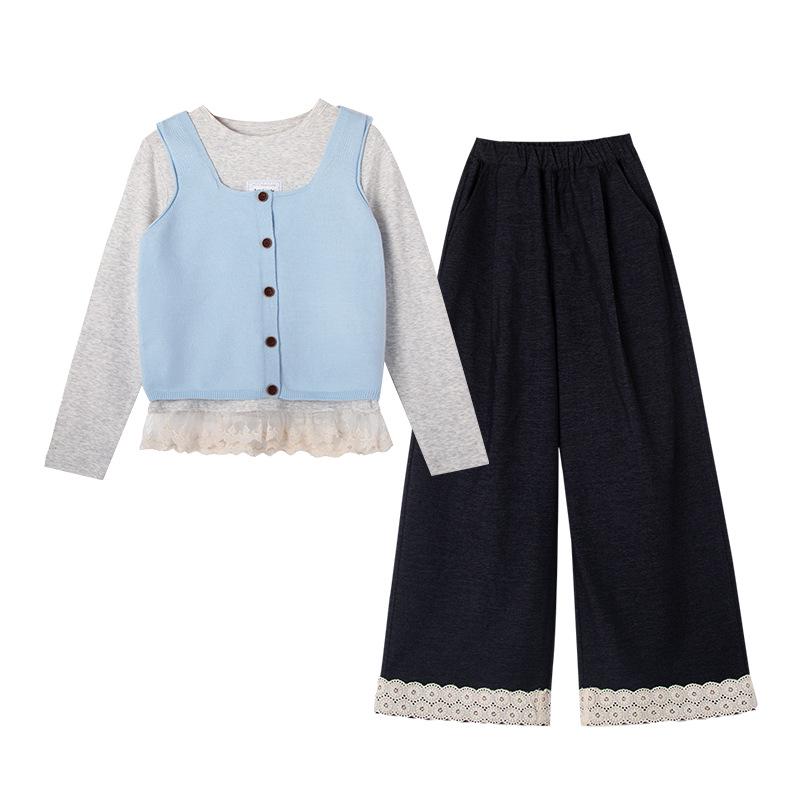 2025 Girls' Spring & Autumn Korean-Style Lace Fashion Three-Piece Set