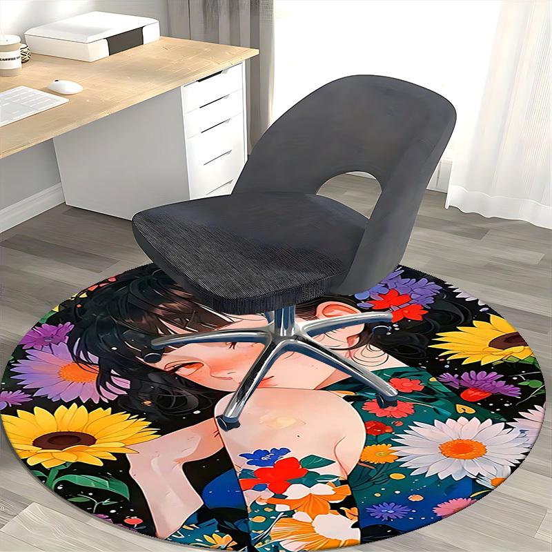 1pc Anime Design Round Carpet Floral Print Chair Mat for Office, Home Decor, Living Room, Bedroom
