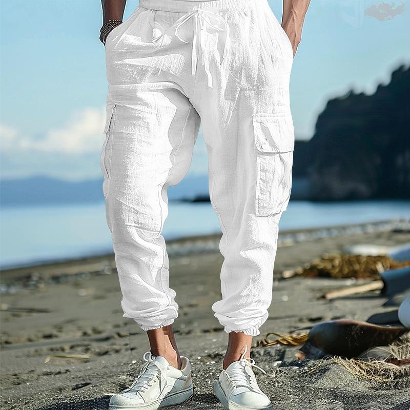 Men Black Crinkled Fabric Cargo Joggers Elastic Waist Drawstring Casual Streetwear Pants S белый