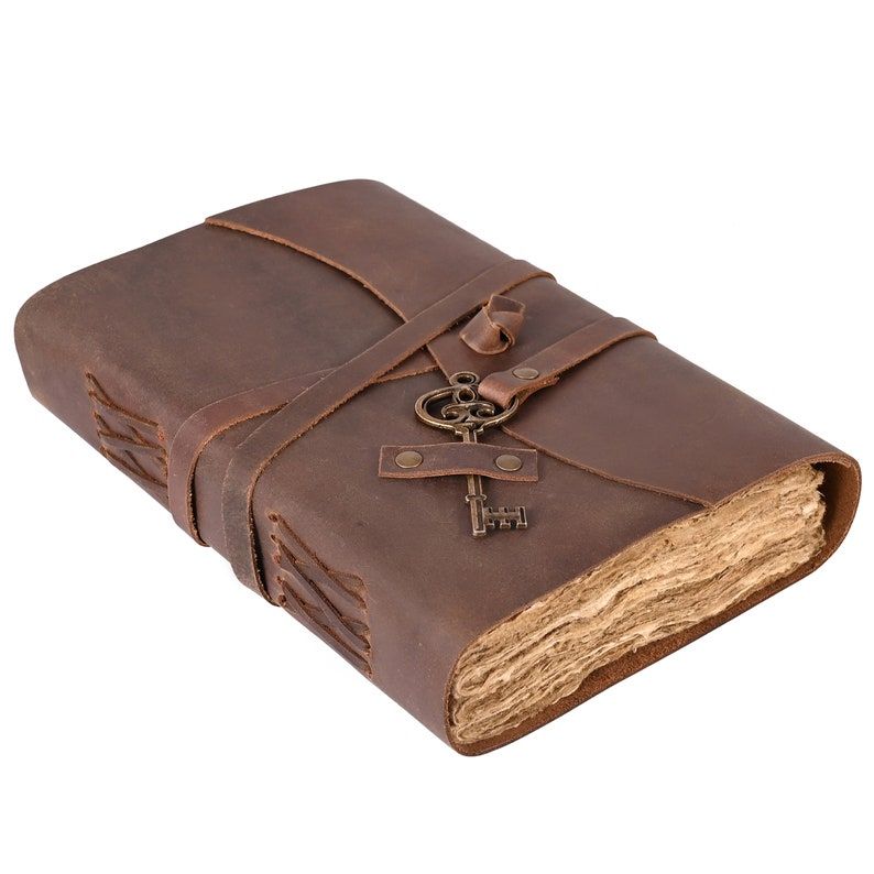 Leather Journal-Handmade Deckle Edge Paper, leather vintage handmade key journal