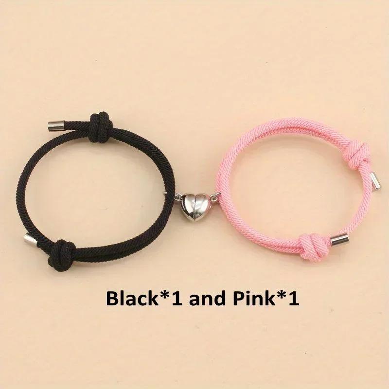2pcs/set Magnetic Heart Charm Braided Rope Adjustable Bracelets For Couples, Holiday Birthday Gift For Boyfriends / Girlfriends
