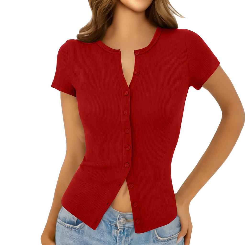 Top da Donna Estivo A Coste Slim Fit con Bottoni Manica Corta Girocollo T-shirt Basica Casual Leggera
