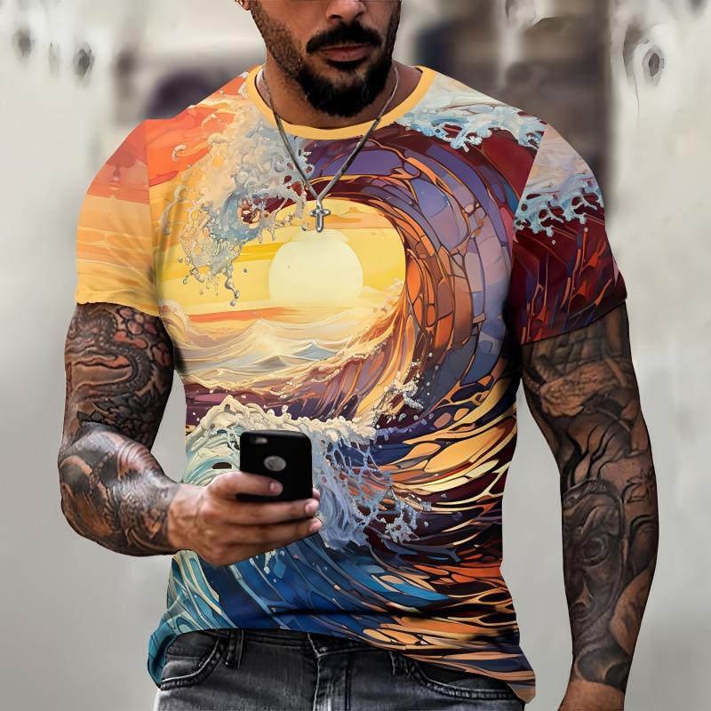 New Mens Clothing Top 3D Printed Sunset Sea View Graphic T Shirts Loose Round Neck Short Sleeved Tees Streetwear T Shirt for Men