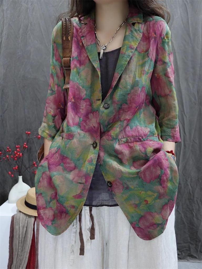 2026 New Style Women's Cotton-Linen Retro Printed Loose-Fit Casual Long Sleeve Suit