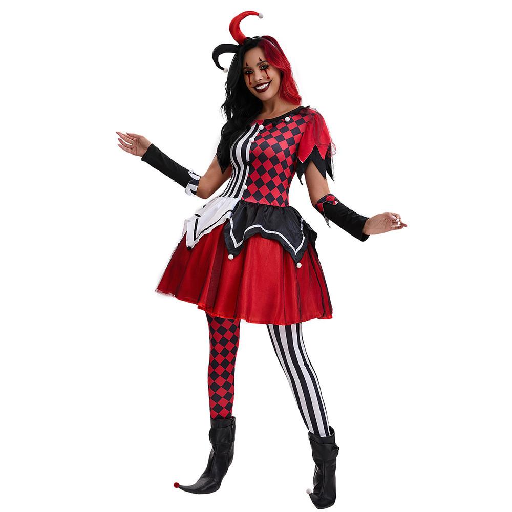 Halloween Female Clown Cosplay Outfit With Red Dress And Headpiece For Themed Parties