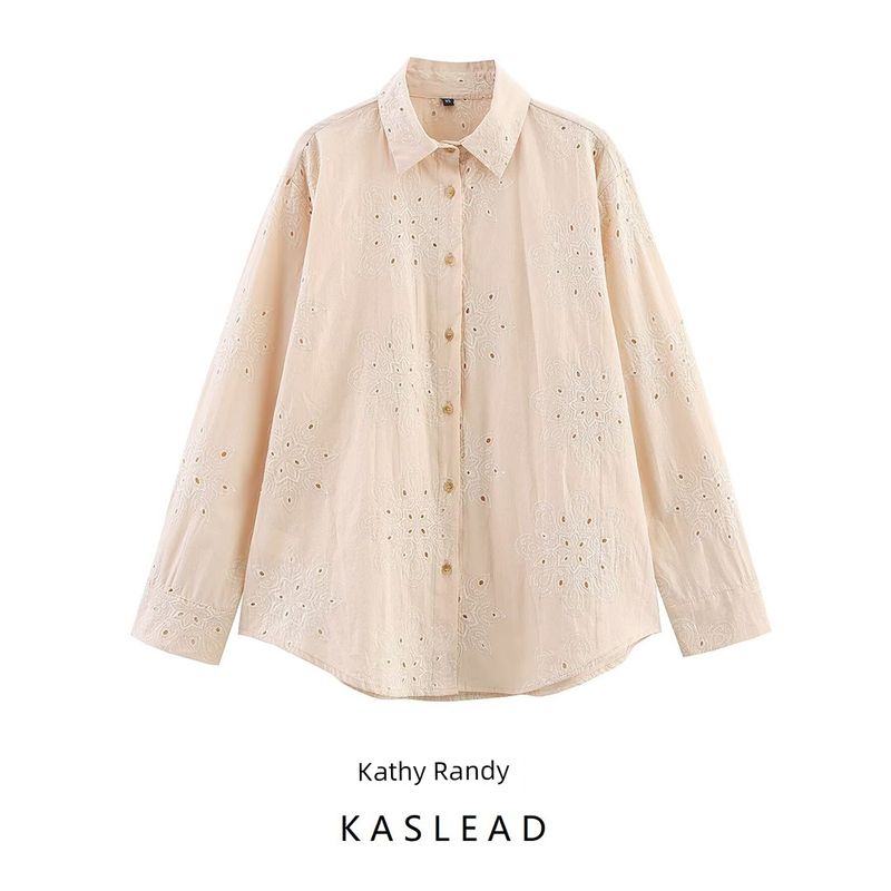 Kaslead New Women clothes Western Style Adhesive Press Hollow Embroidery Long sleeve V-neck Shirts 1971056 075