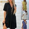 Fashion Summer Spring Solid Color Print Short Sleeve V-Neck Casual Dresses International Design