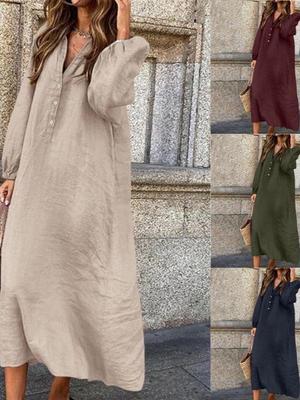 Robe midi polyvalente à col en V: Coton Lin, Manches Longues, Grande Taille, Coupe Ample