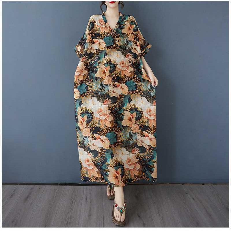 Women's Vintage Long Dress with Cotton and Linen Patterns
