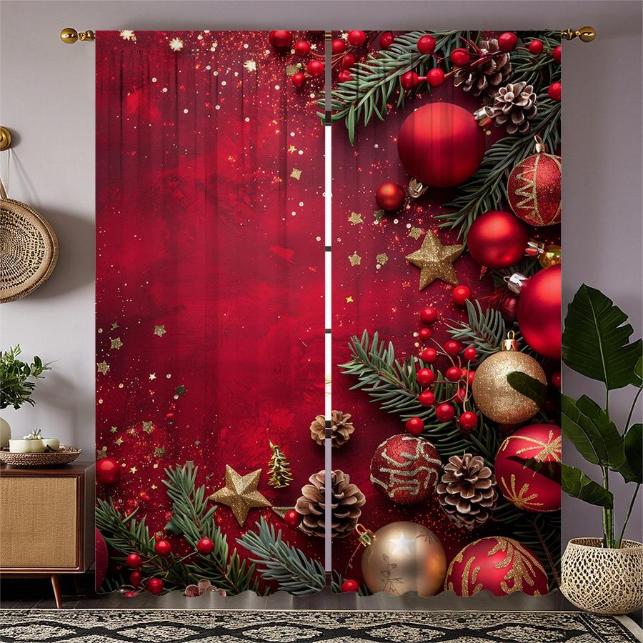 Christmas pine bulb printed curtains   pole bag curtains   Christmas decorations   home decorations   room decorations