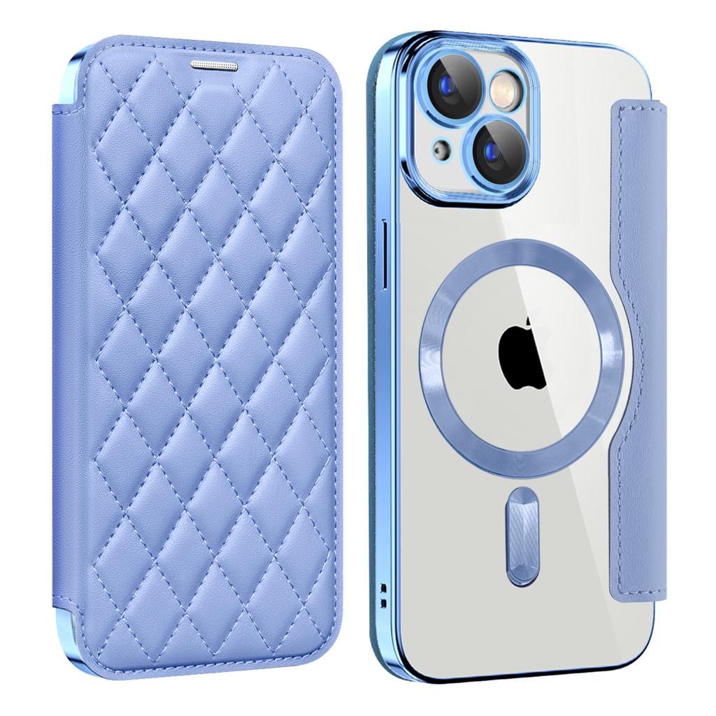 For iPhone 15 Plus Built-in Lens Film Phone Case RFID Blocking Card Slots Leather Cover Compatible with MagSafe