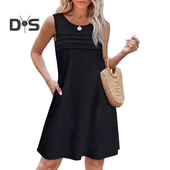 Sommerliches Westenkleid mit Seitentaschen, ärmellos, Rundhalsausschnitt, A-Linie, einfarbig, lockeres Minikleid, plissiertes kurzes Kleid für Reisen, Dating, Arbeit