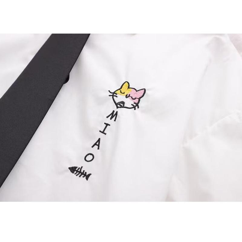 New Women's Tie Shirt, Autumn Long-sleeved White Shirt, Embroidered Shirt