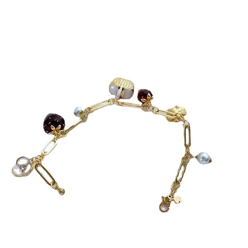 Niche Mori-Style Floral Strawberry Pearl Bee Metal Bracelet