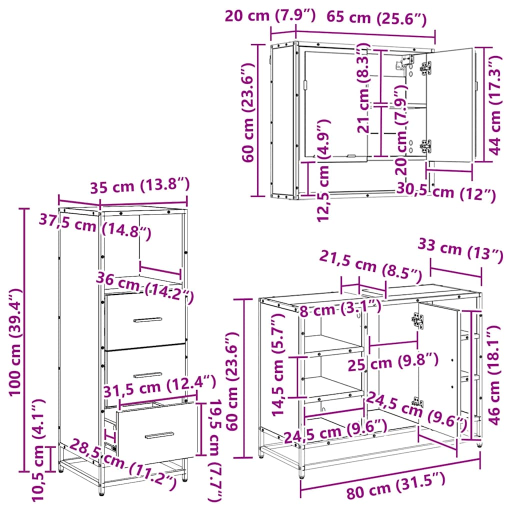 Bathroom Furniture Set 3 Pcs Black Oak Effect Particleboard