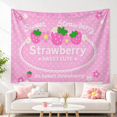 1pc Cute Pink Strawberry Polka Dot Tapestry Kawaii Print  Wall Hanging Aesthetic Background Cloth For Bedroom Dorm Home