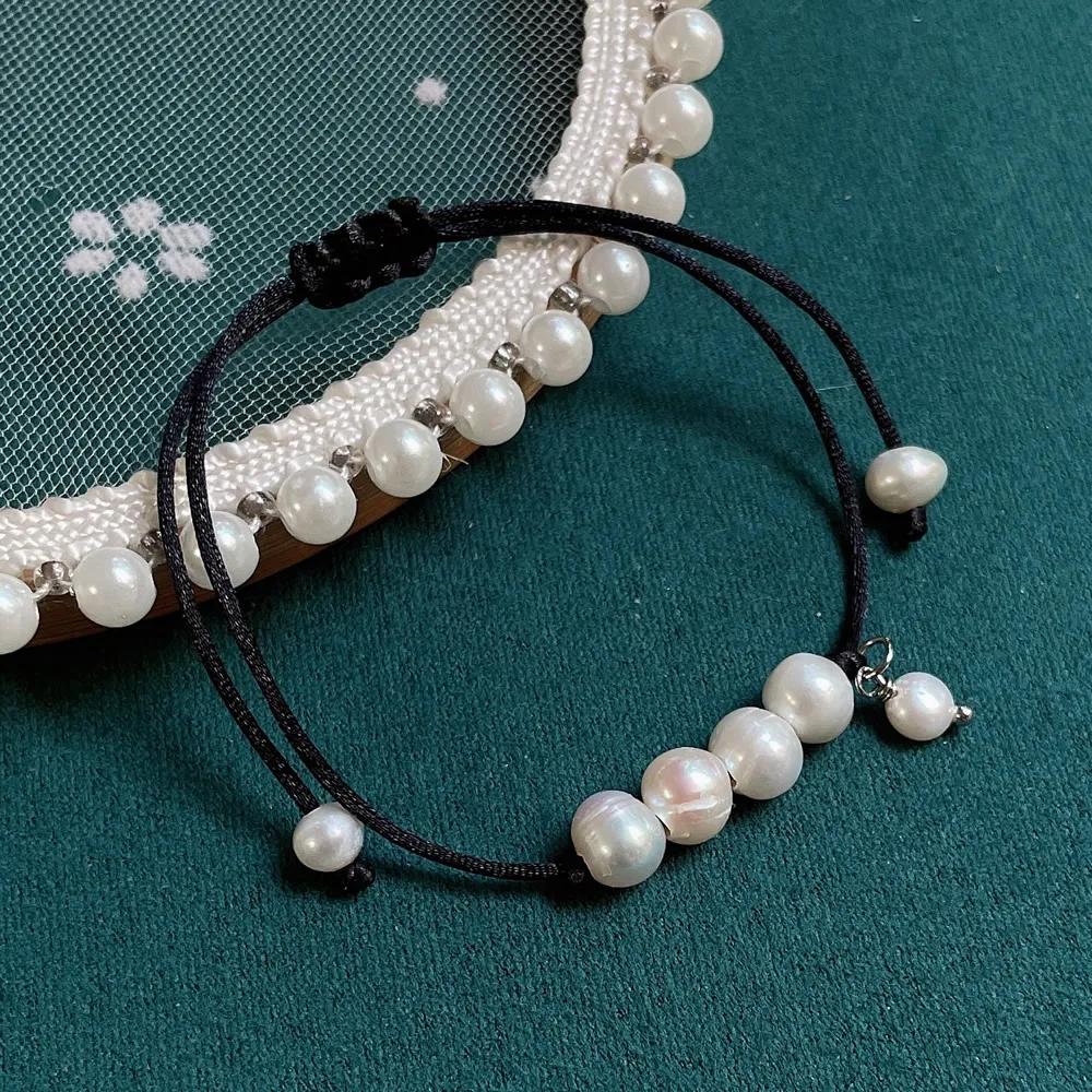 Simple Fashion Real Natural Freshwater Pearl Bracelets for Women Black Rope Chain Baroque Pearl Charm Friendship Bracelet Boho