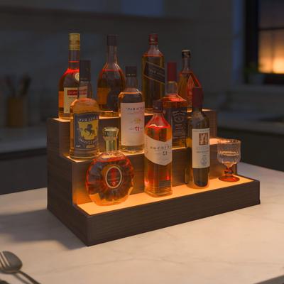 LED Lighted Liquor Bottle Display Shelf, 61cm Bar Display Shelf with App & Remote Control, 3 Step Freestanding Bottles for Home Bar, Party, Walnut