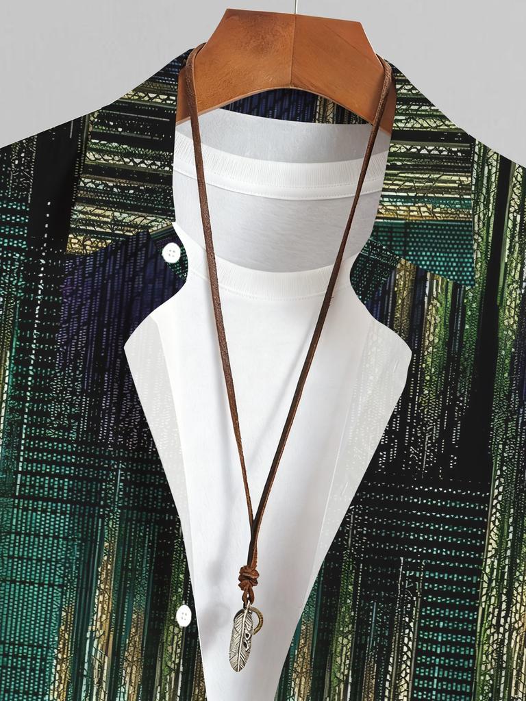 Men'S Casual Shirt with a Tropical Green Striped Pattern from Hawaii - Featuring a Short Sleeve Button Design, Perfect for Summer Outdoor And Casual
