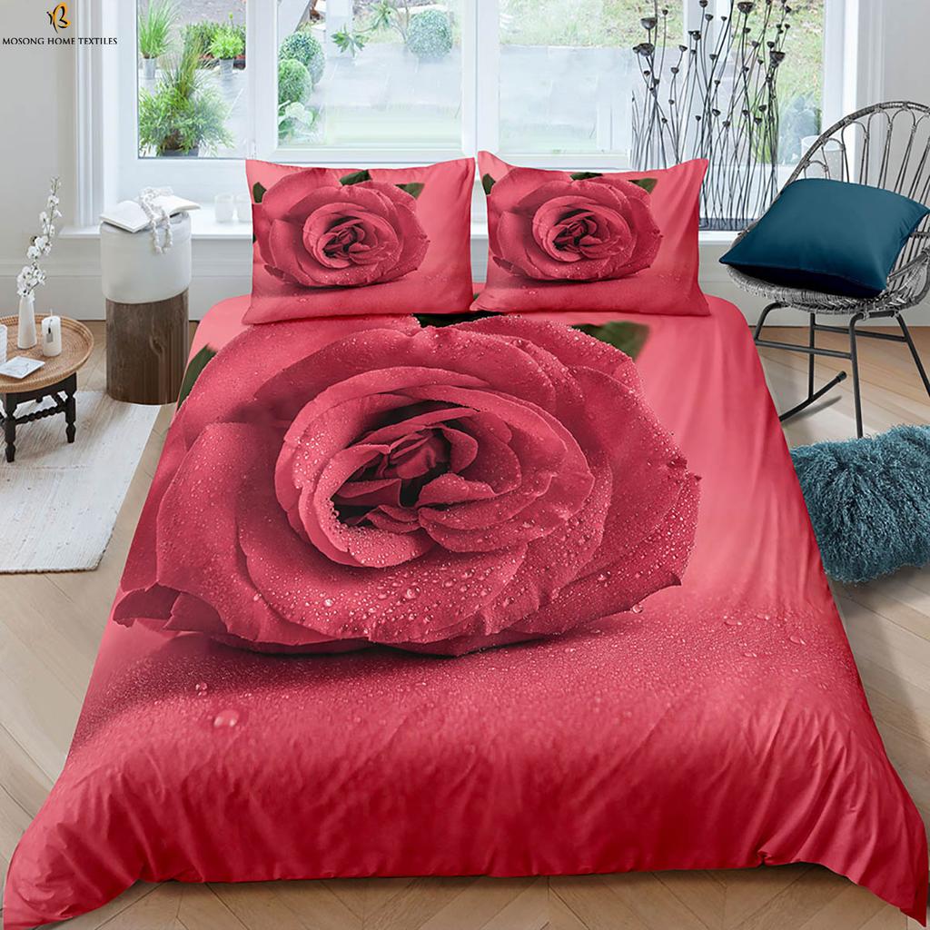 Retro Red Rose 3d Printed Quilt Cover Romantic Gift Bedding Set Quilt Cover Pillowcase Three-Piece Set 100% Polyester