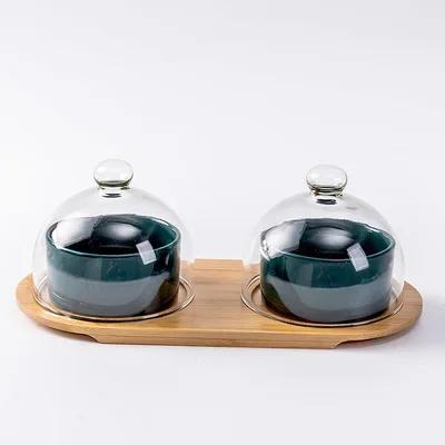 Japanese Tableware Black Ceramic Dessert Bowl Fruit Platter Creative Glass Cover Household Snack Plate Dried Fruit Cake Plate