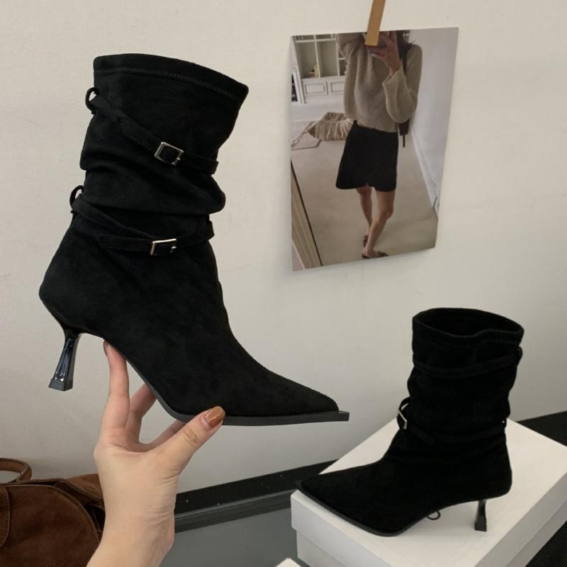 Women Ankle Boots Pointed Toe Suede High Heels Thin Heel Buckle 2026 Autumn French Outdoor Short Boots Fashion Botas De Mujer