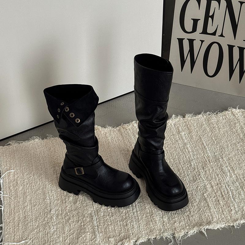 Retro britisk stil sammenleggbare plattformstøvletter med tykk hæl høst og vinter mote slankende kvinners designfølelse ridestøvletter