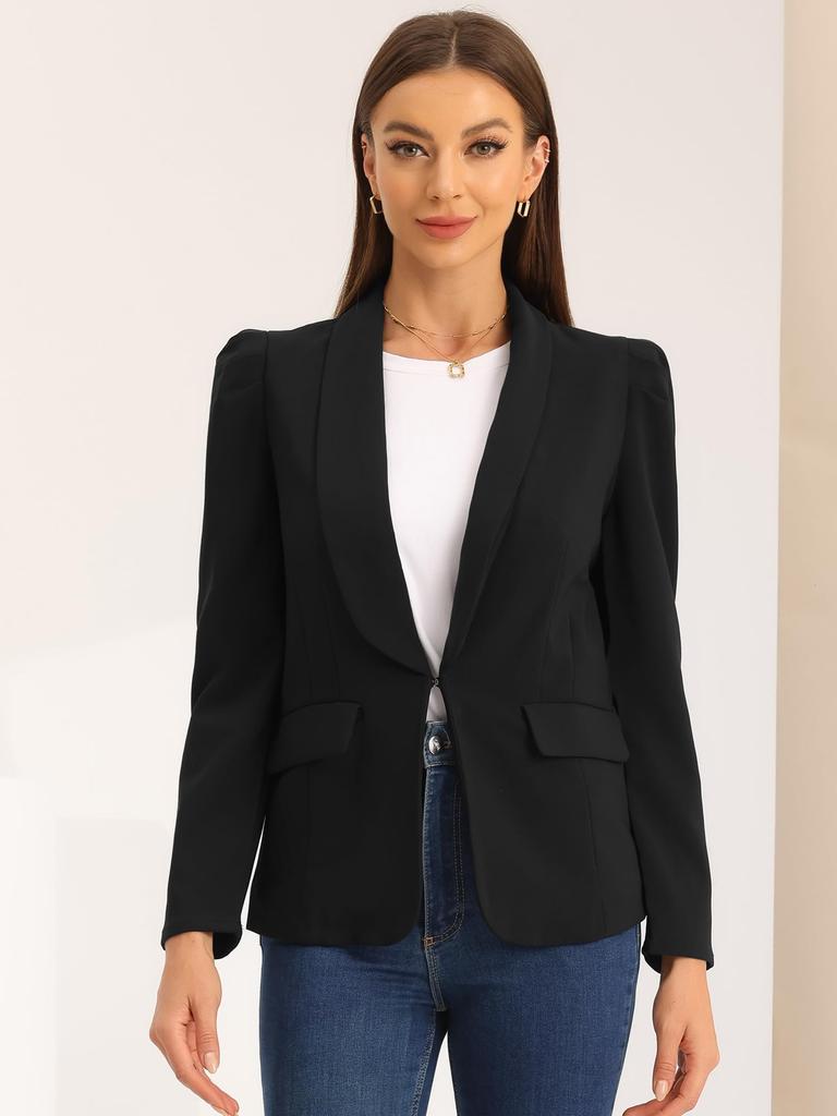 Allegra K Women's Suit Blazer Jacket, Work/Office/Casual, Open Front, Puff Sleeves, Commuter Coat, Black, Size L