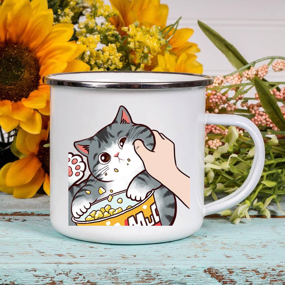 Dessin animé chat impression émail café thé tasses mignon Animal petit déjeuner Dessert lait eau tasses amour chat maison Drinkware meilleur ami cadeaux