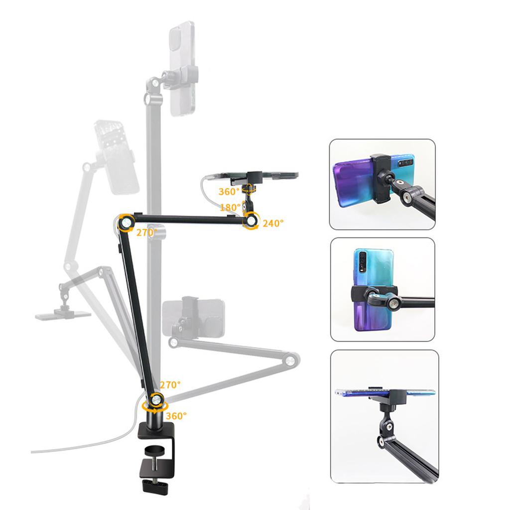Long Arm Phone Mount Clip Type Tablet Phone Desktop Stand 360 Degree Rotatable Folding Stand