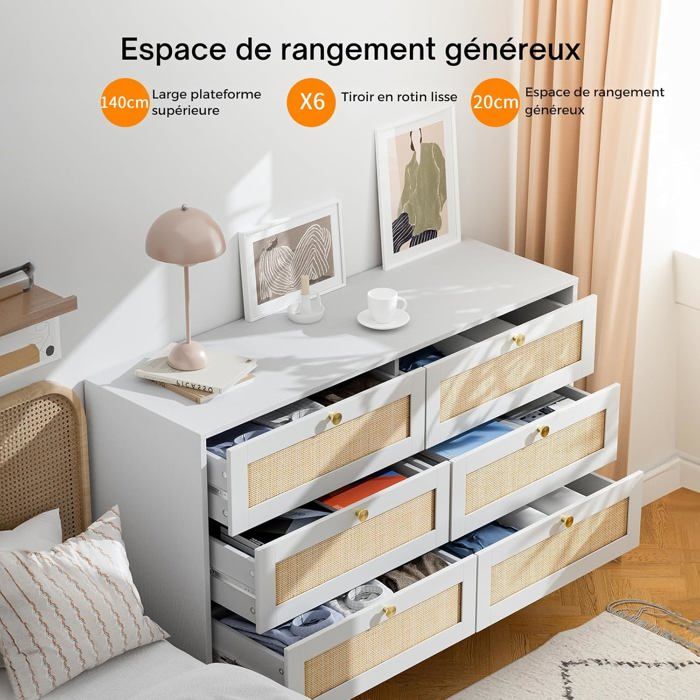 6-Drawer Rattan Chest of Drawers, Storage Furniture, Bedroom Chest of Drawers with Drawers, 120 X 40 X 85 Cm White