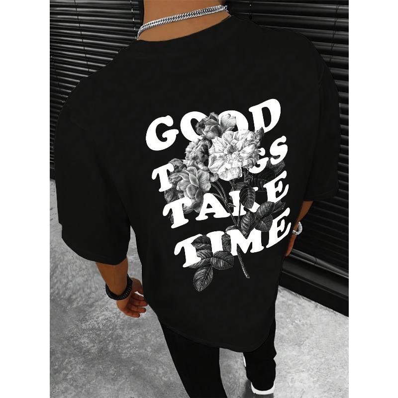 

[Letter & Floral T-Shirt] Men s T-Shirt with Letter And Floral Prints for Spring, Summer, And Autumn, Perfect for Casual Outings And Festivals 4XL чорний