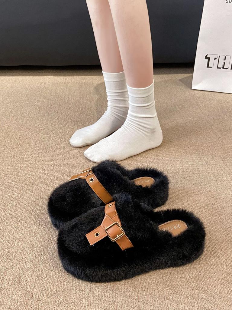 Internet Celebrity Bag Head Half Slippers Women's Outer Wear 2025 Autumn and Winter New Heightened Thick-soled Fluffy Shoes Home Warm Cotton Mop