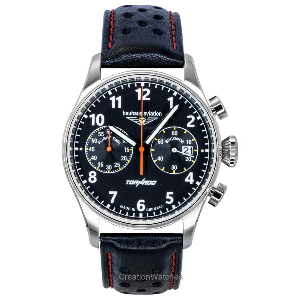 Bauhaus Aviation Tornado хронограф Кожаный ремешок Черный циферблат Кварцевые 27702 Мужские часы чёрный