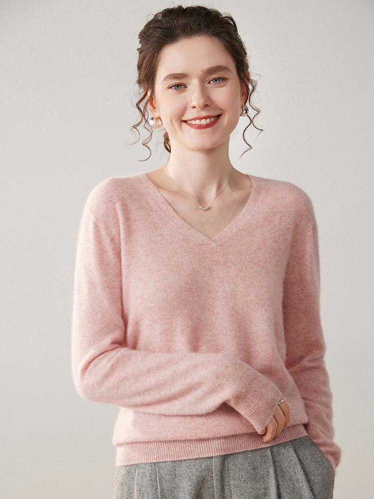 Women's V-Neck Cashmere Knit Sweater - Loose Fit, Long-Sleeve Pullover