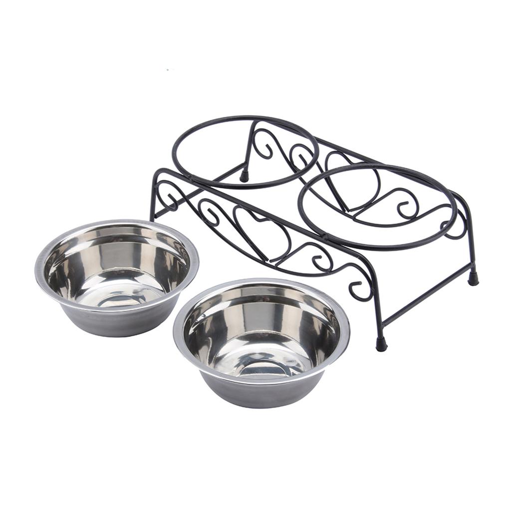 Stainless Steel Double Dog Cat Food Water Bowls Feeder Dishes Shelf Stand
