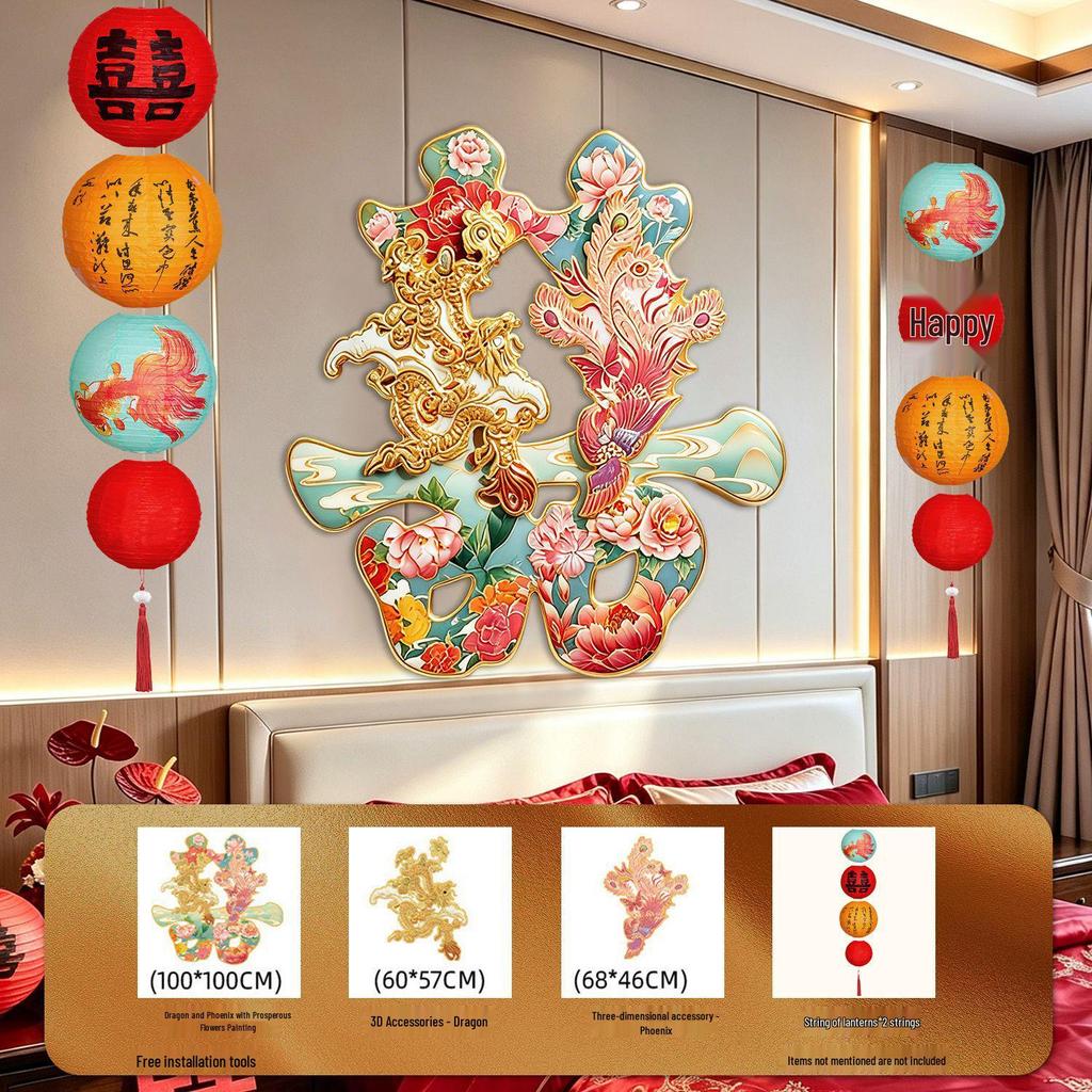 3D Dragon and Phoenix 'Xi' Character KT Board for Wedding Room Atmosphere - Living Room, Bedroom, or Bedside Wall Decoration