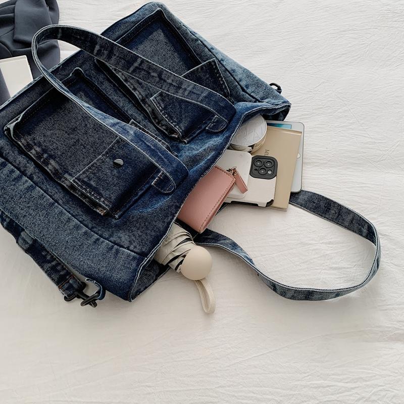 Denim Tote Bag for Women – Vintage Bag with Front Pockets & Adjustable Shoulder Strap – Perfect for Casual & Daily Use