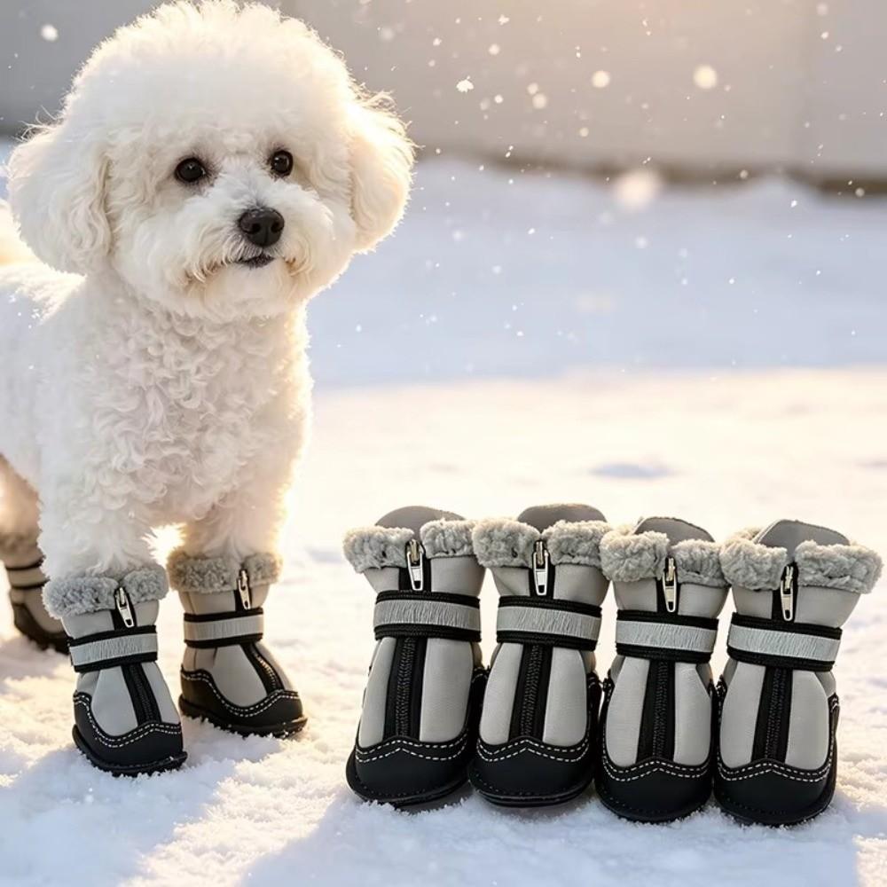 4Pcs Set Anti-Slip Dog Snow Boots Reflective Straps Winter Dog Shoes Winter Outdoor Walking