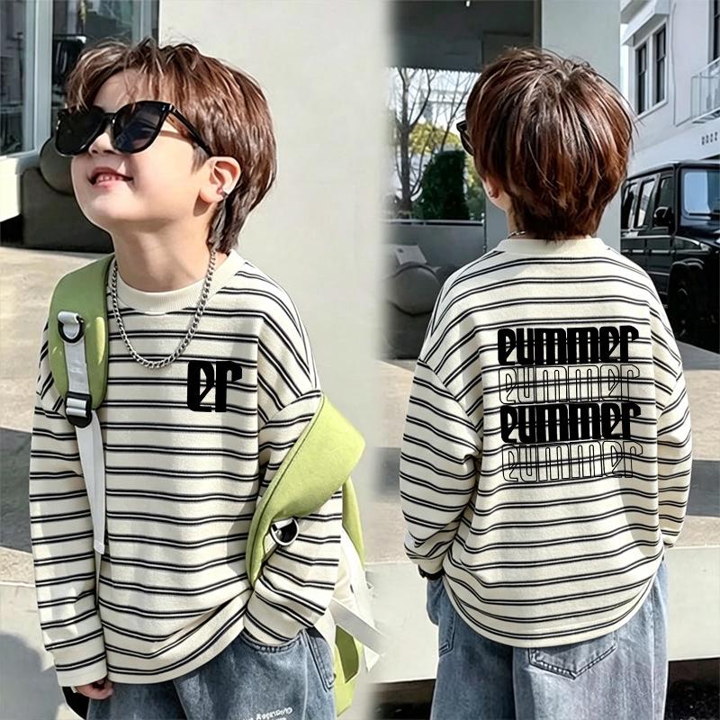 Boys' Striped Cotton Long-Sleeve T-Shirt - Trendy Spring/Autumn 2026 Patchwork Top, Medium/Large