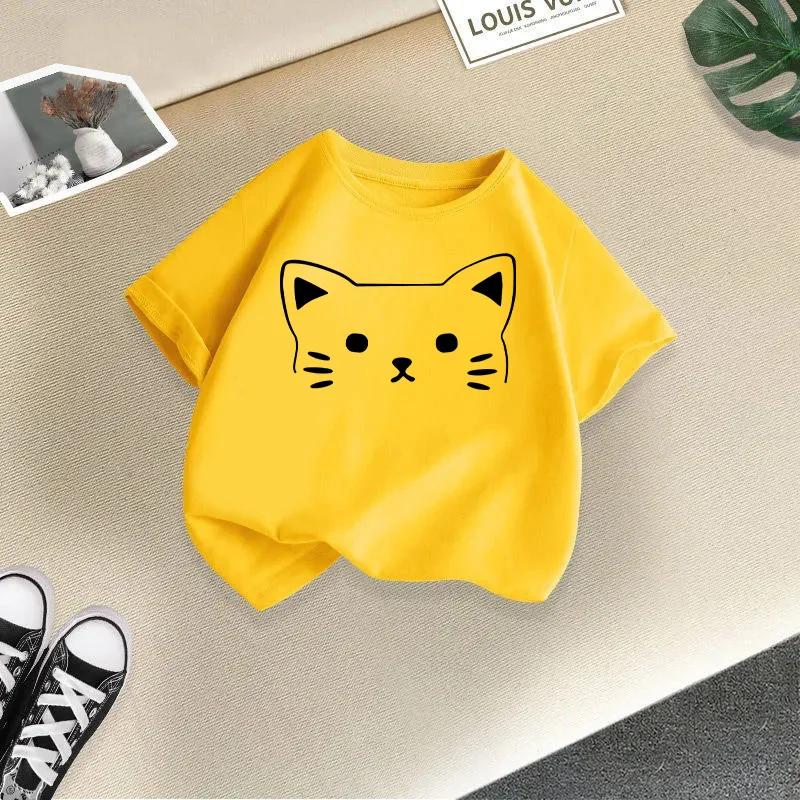 Summer Cute Cat Animal Print Round Neck Short Sleeved Tee Shirt for Boys and Girls Fashionable and Simple Children's T-shirt