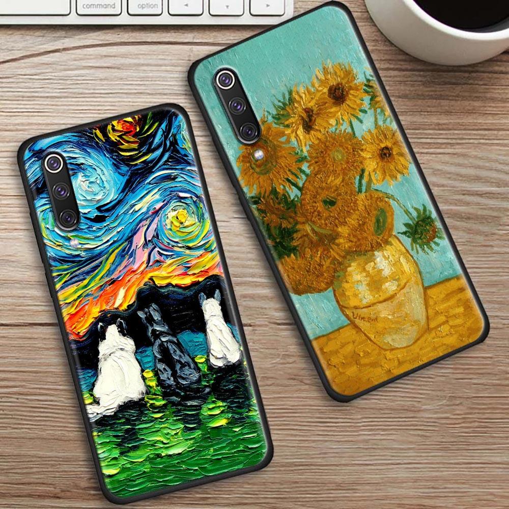 Kočka Van Gogh Hvězdná noc Olejomalba Měkké pouzdro Pro Xiaomi Mi 9 9se 8 10 10T A2 Lite 10S 9T CC9 Note 10 Pro 9Lite Kryt Fundas