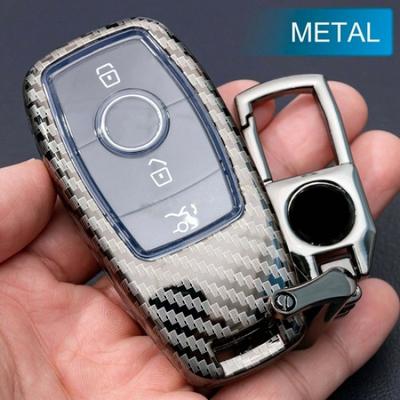 For Mercedes Carbon Fiber Metal Car Key Fob Cover Case Chain Ring Accessories
