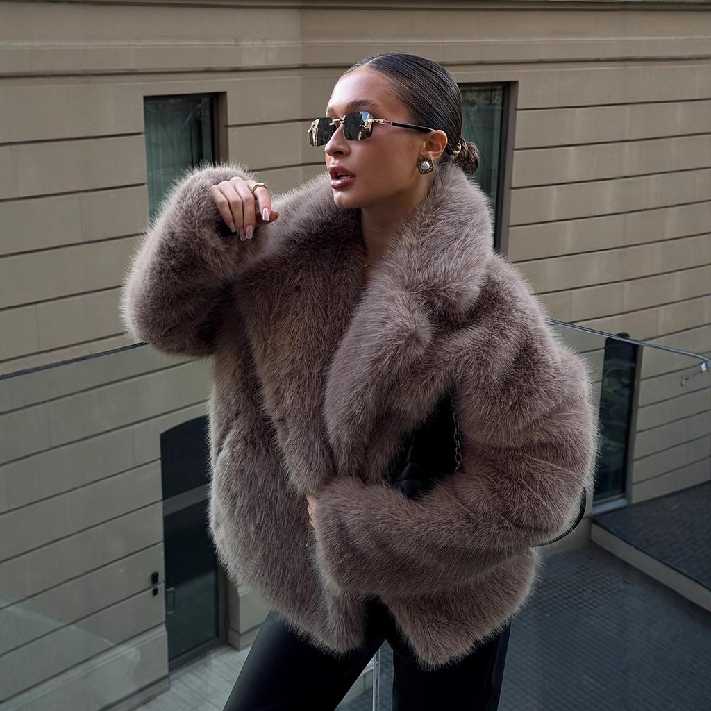 Women Faux Fur Coats Solid Thick Jackets Long Sleeves Notched Collar Covered Buttons Loose Fit Elegant Casual  Autumn Winter