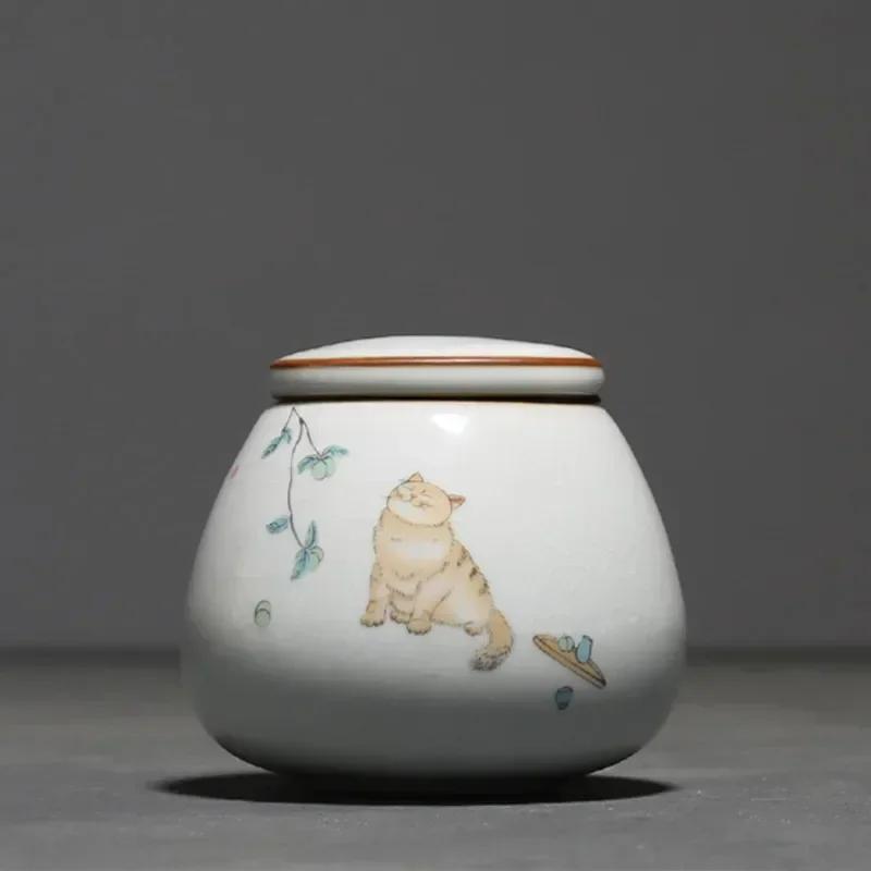 Chinese Ru Kiln Ceramics Tea Caddy Cute Cat Pattern Sealed Tea Leaf Container Travel Tea Bag Storage Box Kitchen Spice Organizer
